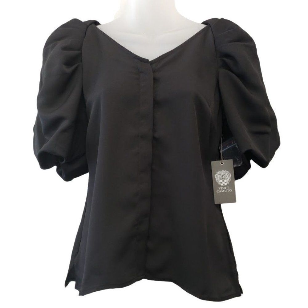 Vince Camuto Puff Sleeve Blouse Top Women's XS Black Button-Front V-Neck NEW